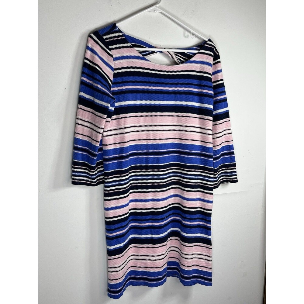 Lilly Pulitzer Bay Dress L Pink Blue White Stripe Textured Knit Keyhole Back